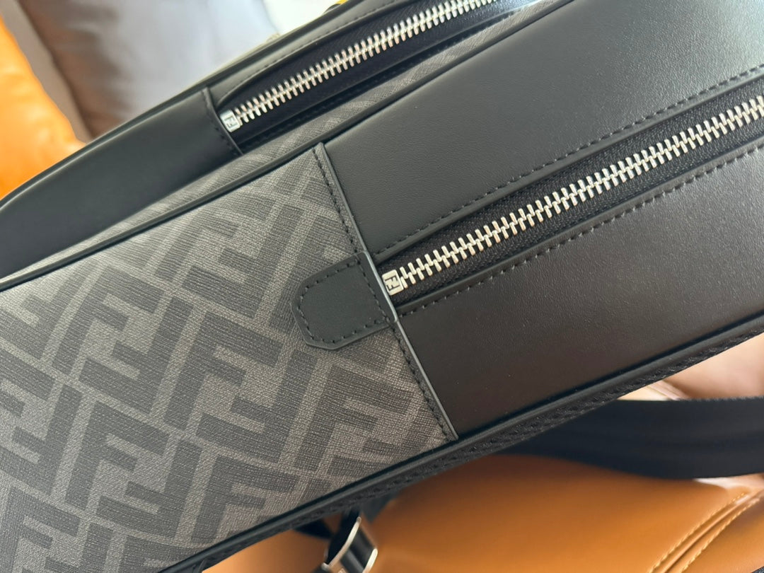 Fendi 44 Mini Backpack in Black Monogram Jacquard Fabric and Calfskin