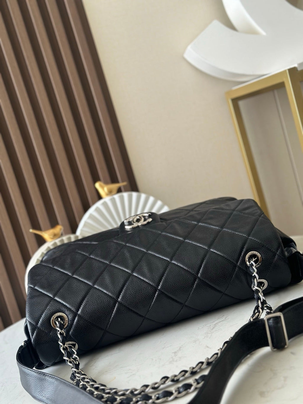 Chanel 25S Shoulder Bag 40 in Black Caviar with Silver Hardware