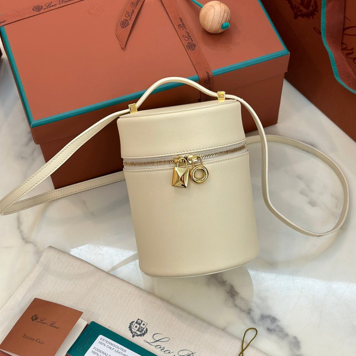 Loro Piana Extra Case Medium 16 Bag in White Cream Smooth Calfskin with Gold Hardware