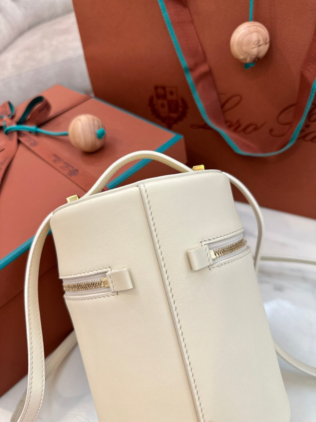 Loro Piana Extra Case Medium 16 Bag in White Cream Smooth Calfskin with Gold Hardware