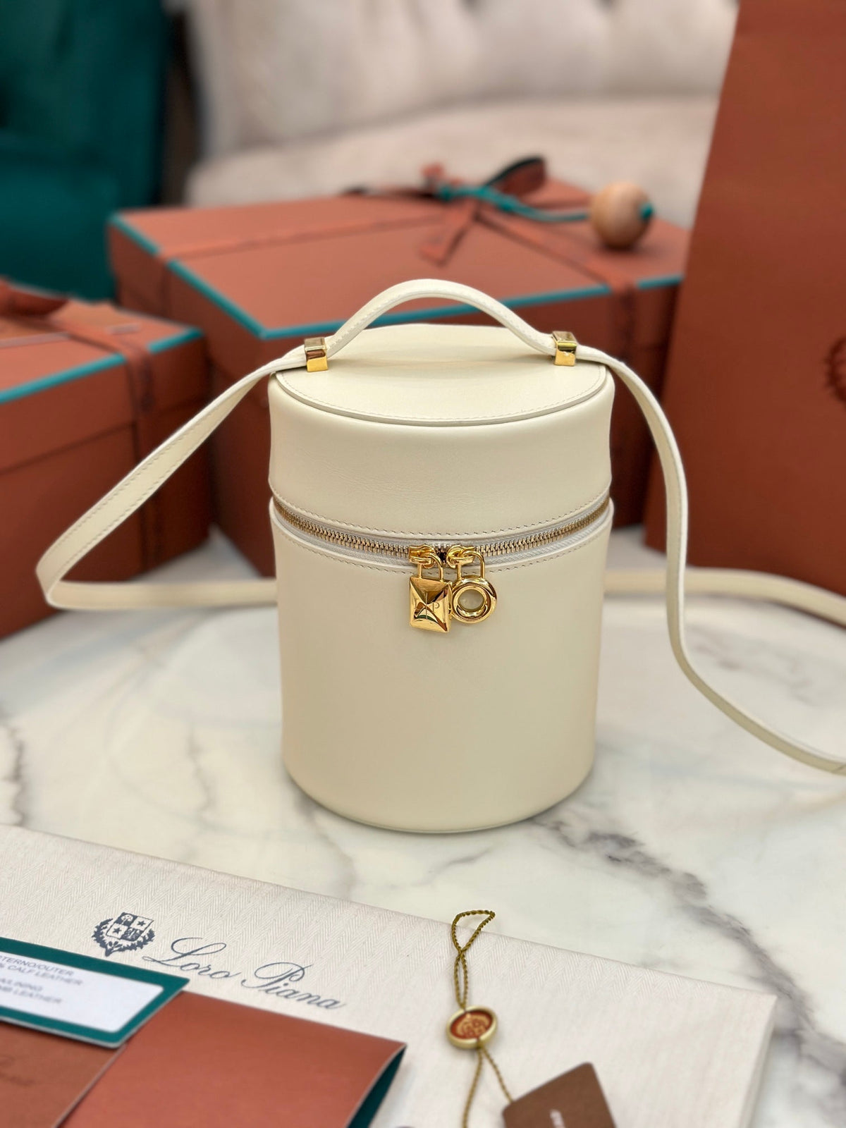 Loro Piana Extra Case Medium 16 Bag in White Cream Smooth Calfskin with Gold Hardware