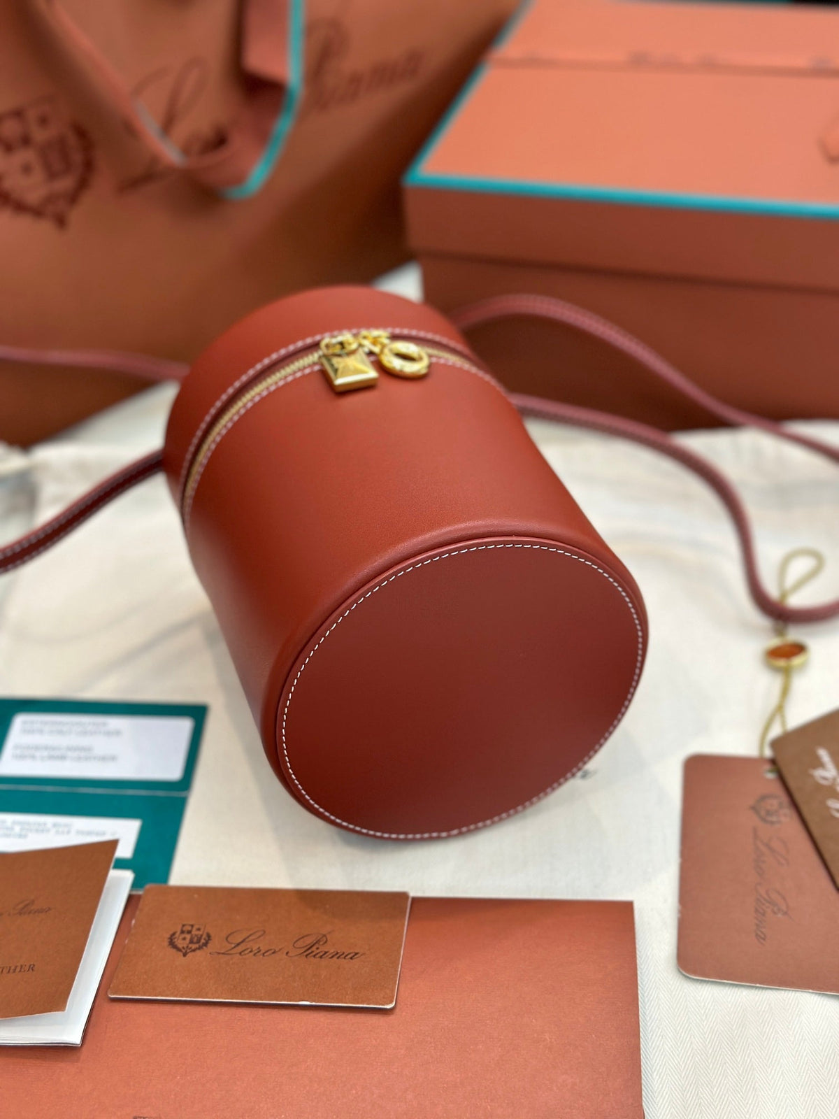 Loro Piana Extra Case Medium 16 Bag in Mars Red Smooth Calfskin with Gold Hardware