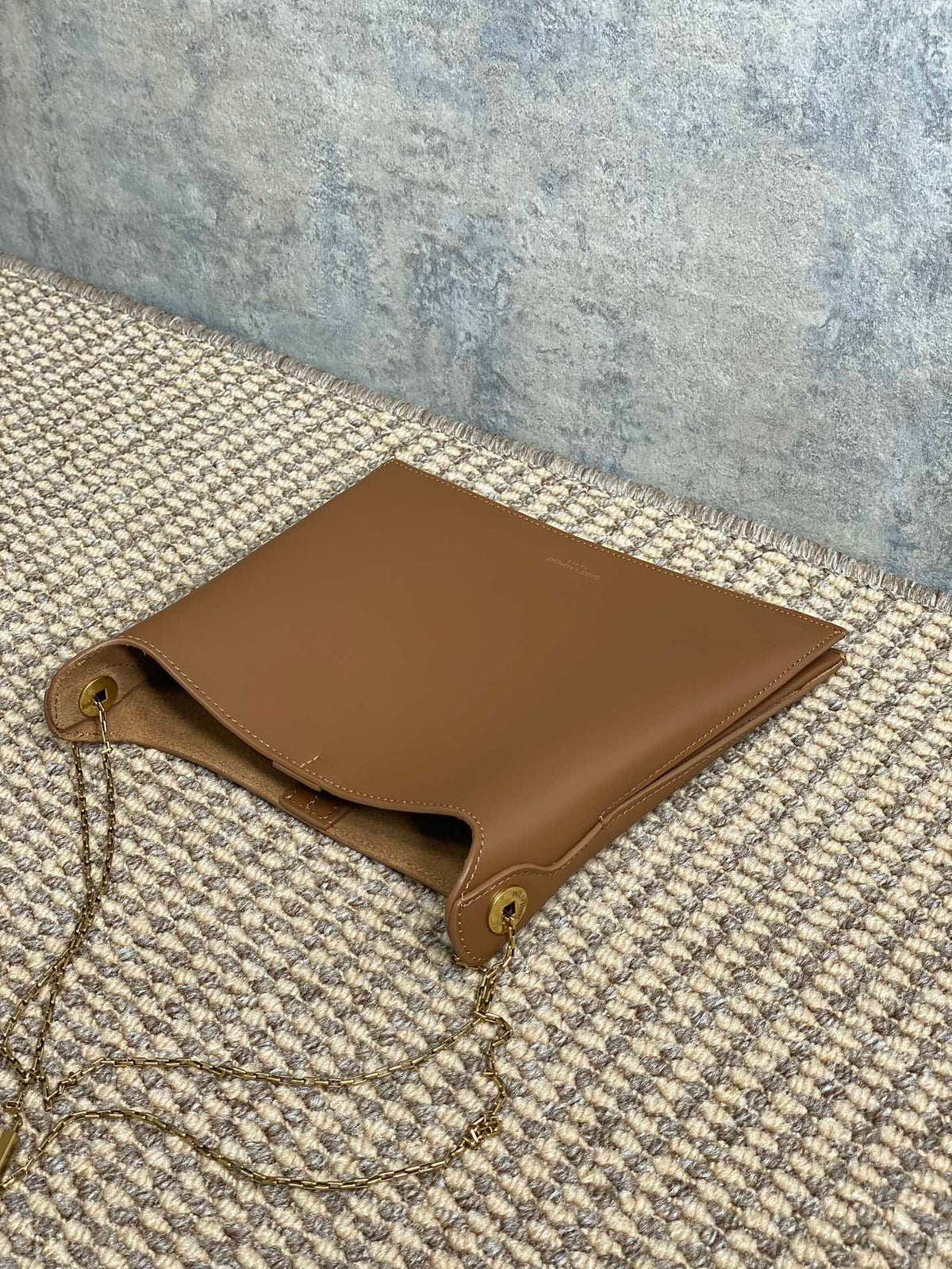 Saint Laurent Flat Shoulder Bag 23 in Tawny Brown Calfskin Gold Chain