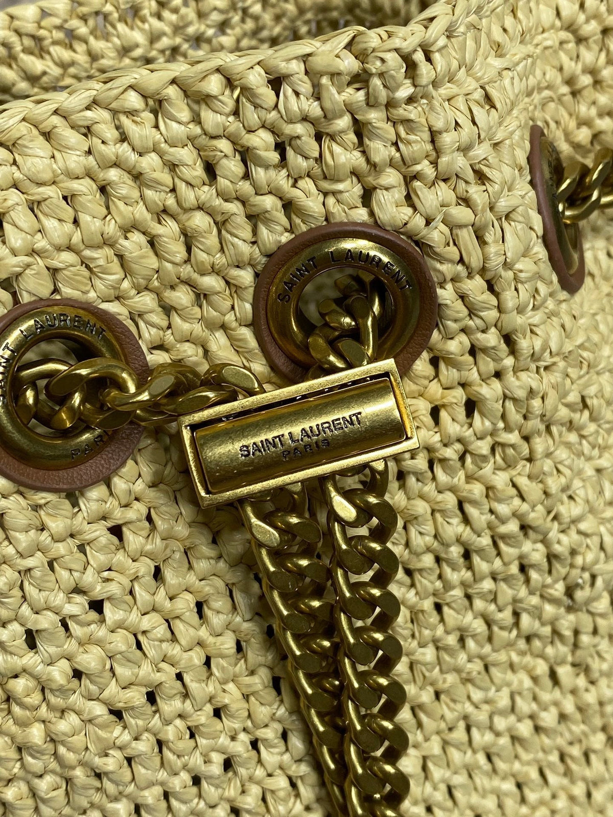 Saint Laurent Drawstring Bucket Bag 19 in Beige Woven Raffia and Calfskin
