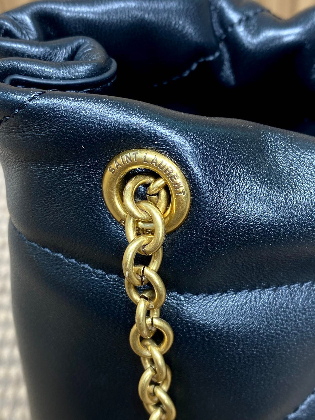 Saint Laurent Drawstring Chain Strap Shoulder Bag 39 in Navy Blue Quilted Calfskin