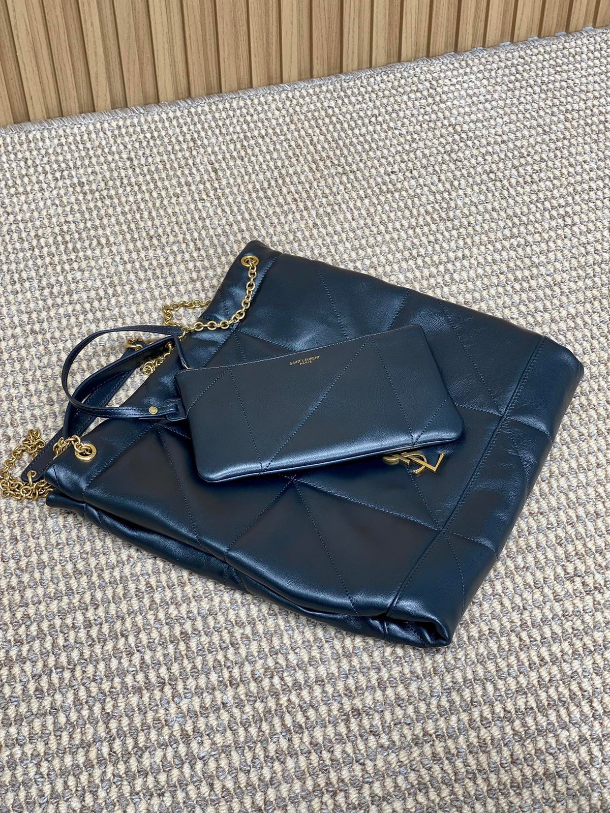 Saint Laurent Drawstring Chain Strap Shoulder Bag 39 in Navy Blue Quilted Calfskin