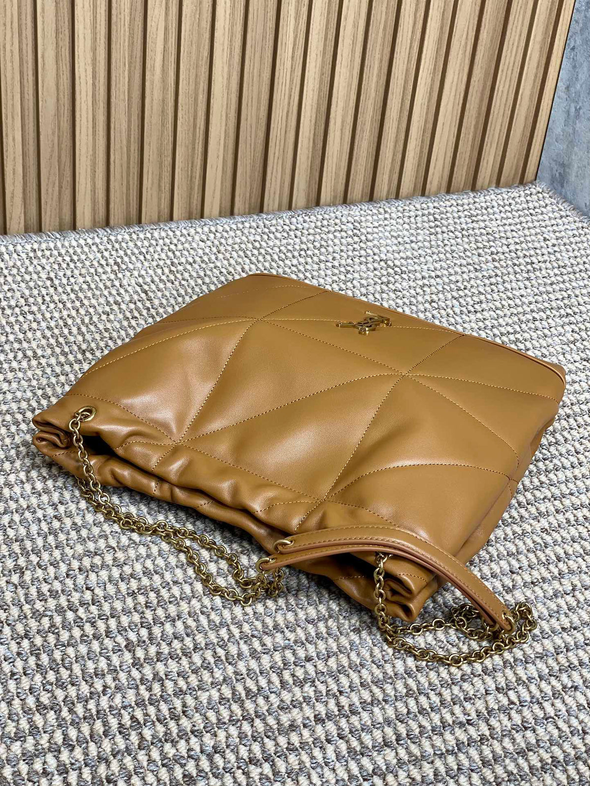 Saint Laurent Drawstring Chain Strap Shoulder Bag 39 in Tortilla Brown Quilted Calfskin