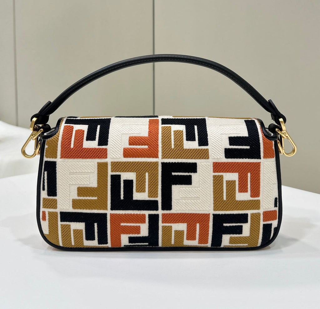 Baguette Canvas 27 Bag with Multicolour Embroidery Gold Hardware