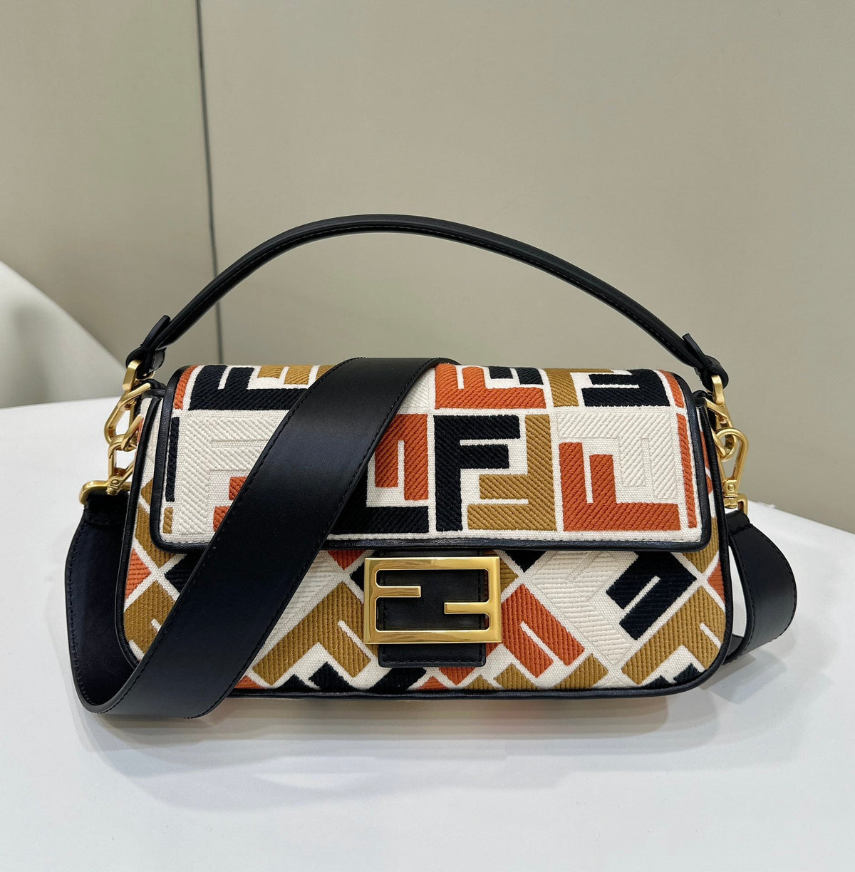 Baguette Canvas 27 Bag with Multicolour Embroidery Gold Hardware