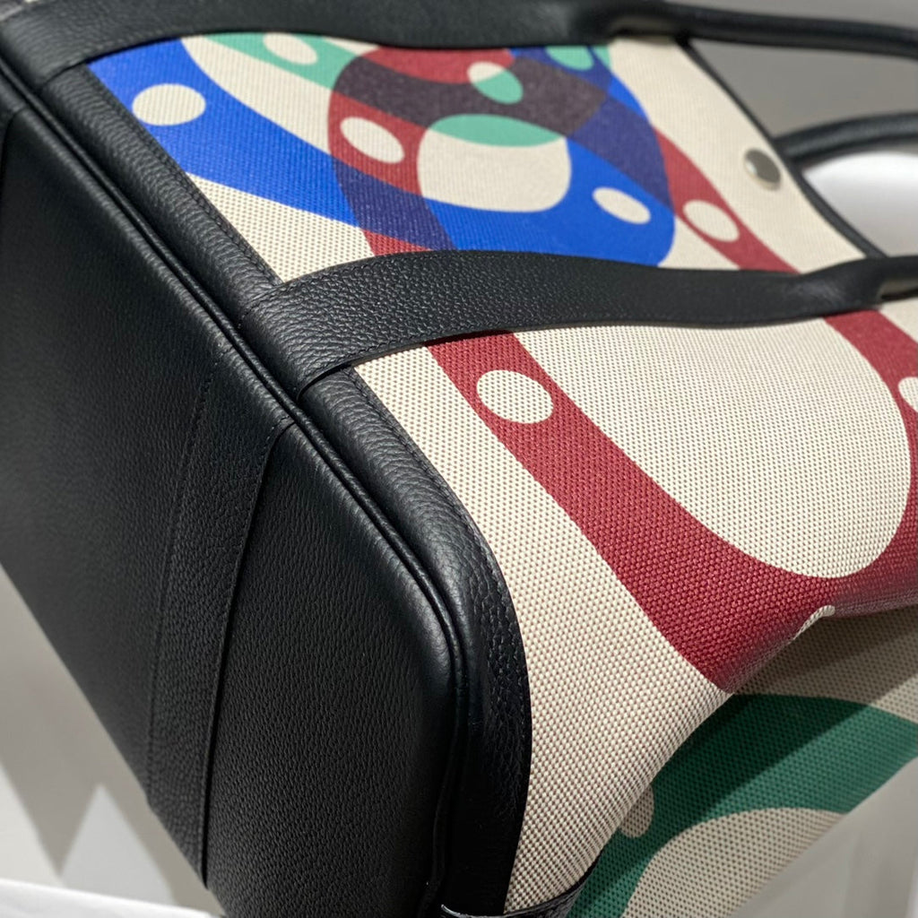 Hermes Garden Party 36 in Multicolor Toile H Canvas Black Calfskin Overlapping Polka Rings Print Bag