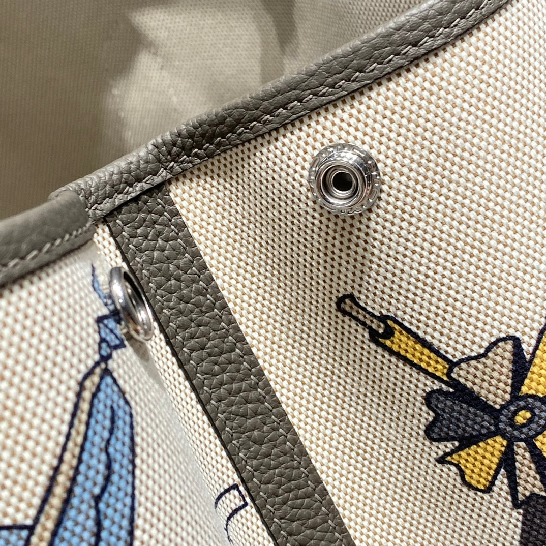Hermes Garden Party 36 in Ivory Yellow Blue Toile H Canvas Etoupe Calfskin Equestrian Harness Print Bag
