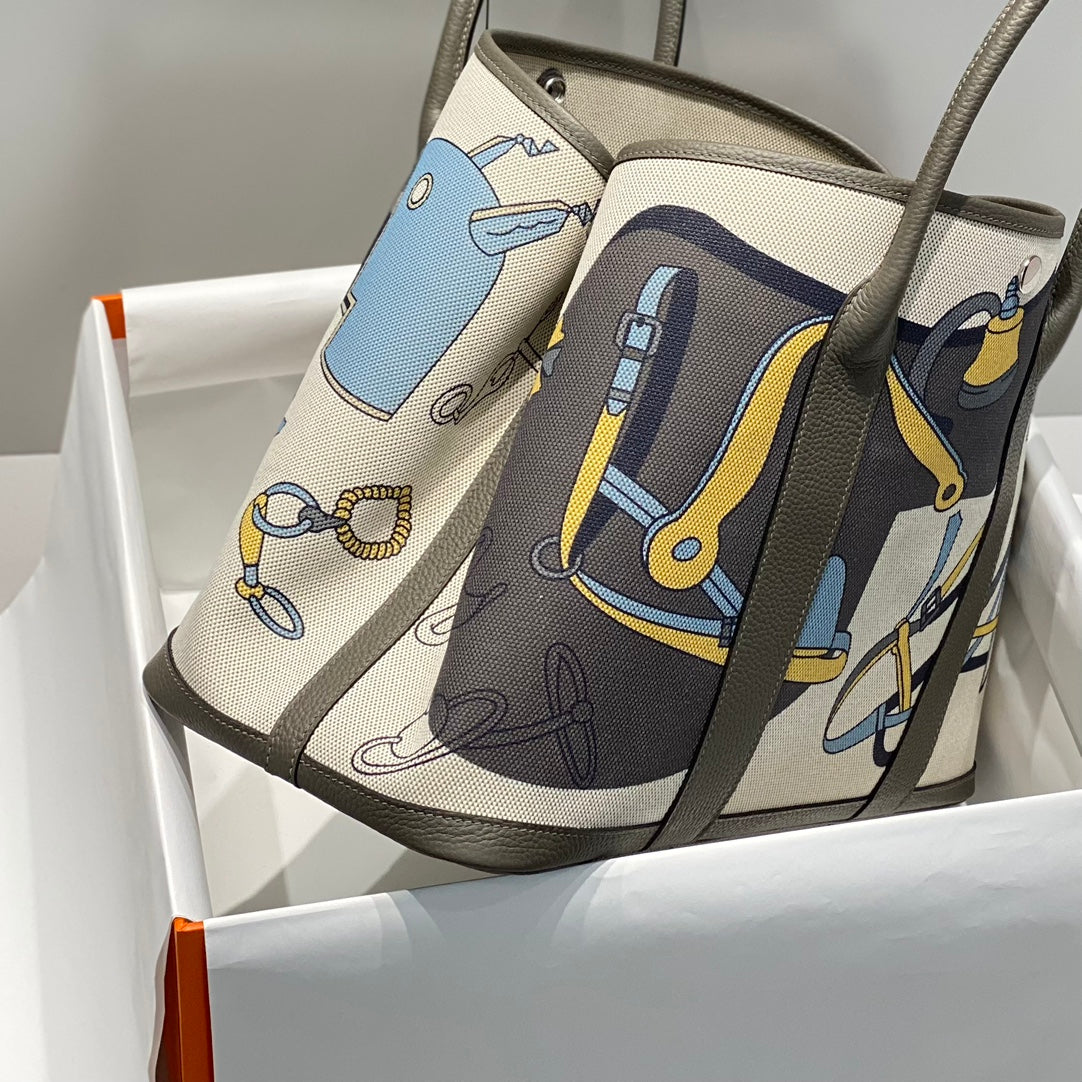 Hermes Garden Party 36 in Ivory Yellow Blue Toile H Canvas Etoupe Calfskin Equestrian Harness Print Bag