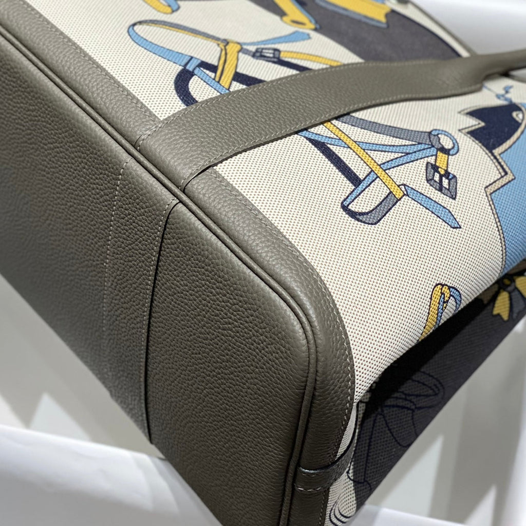 Hermes Garden Party 36 in Ivory Yellow Blue Toile H Canvas Etoupe Calfskin Equestrian Harness Print Bag