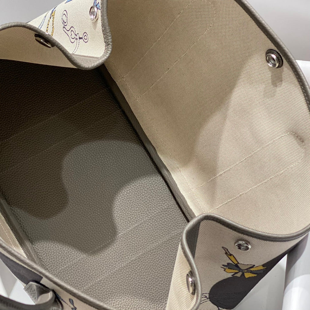 Hermes Garden Party 36 in Ivory Yellow Blue Toile H Canvas Etoupe Calfskin Equestrian Harness Print Bag