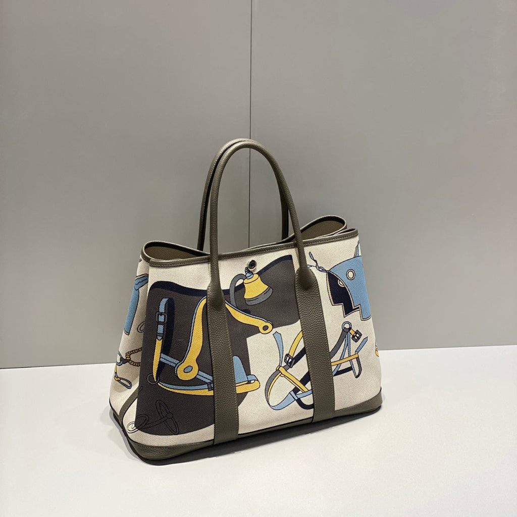 Hermes Garden Party 36 in Ivory Yellow Blue Toile H Canvas Etoupe Calfskin Equestrian Harness Print Bag