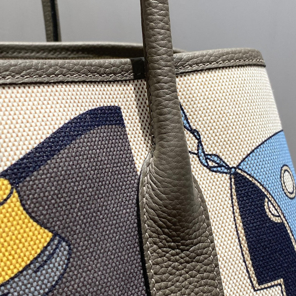 Hermes Garden Party 36 in Ivory Yellow Blue Toile H Canvas Etoupe Calfskin Equestrian Harness Print Bag