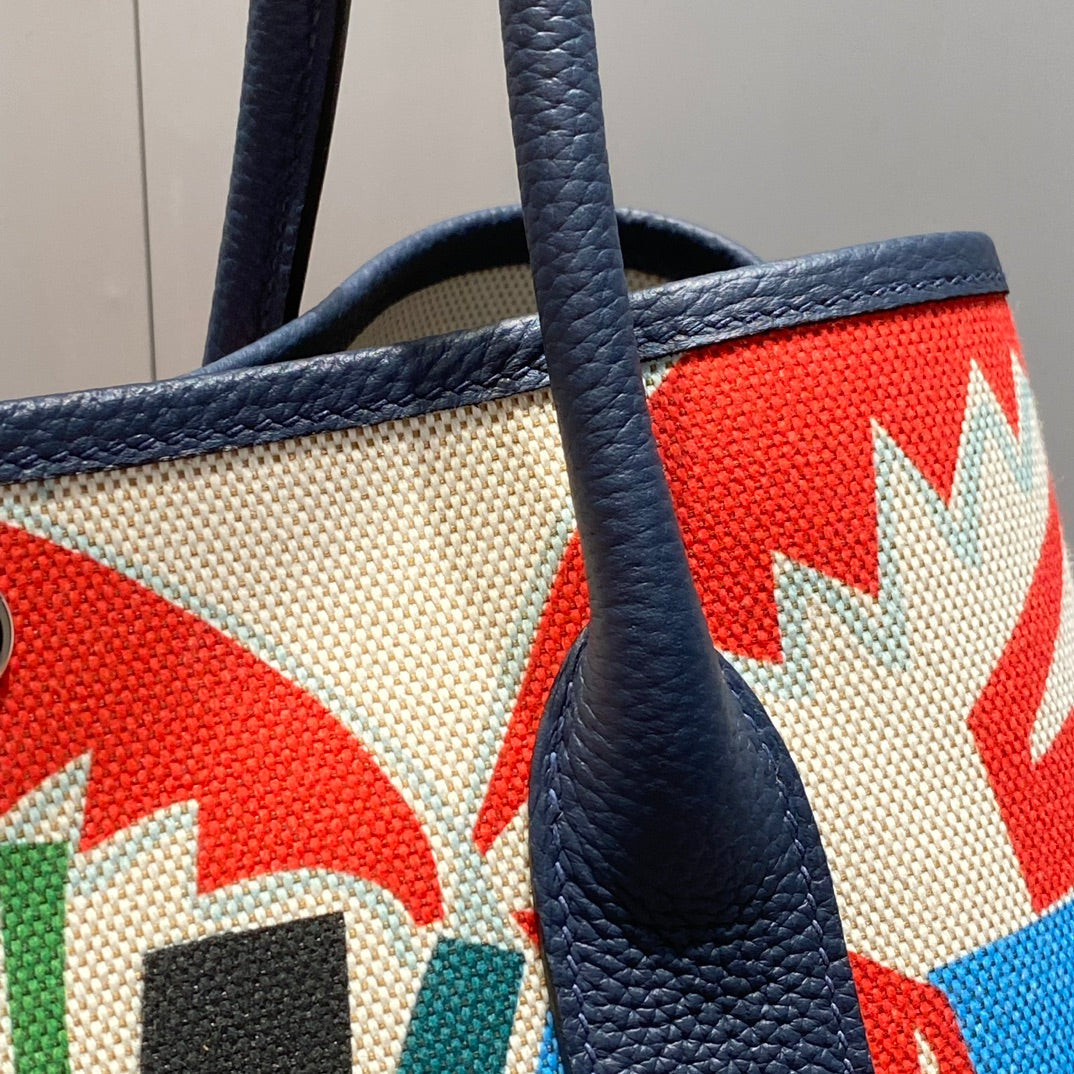 Hermes Garden Party 36 in Multicolor Toile H Canvas Blue Navy Calfskin Tropical Abstract Landscape Print Bag