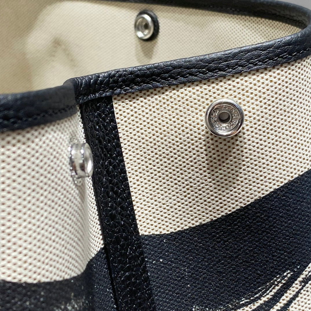 Hermes Garden Party 36 in Beige and Black Toile H Canvas Black Calfskin Horse Tack Sketch Print Bag