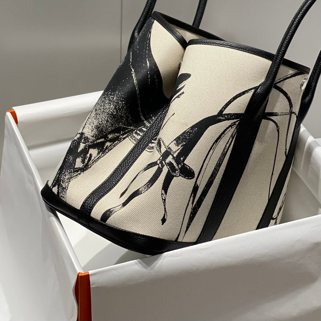 Hermes Garden Party 36 in Beige and Black Toile H Canvas Black Calfskin Horse Tack Sketch Print Bag
