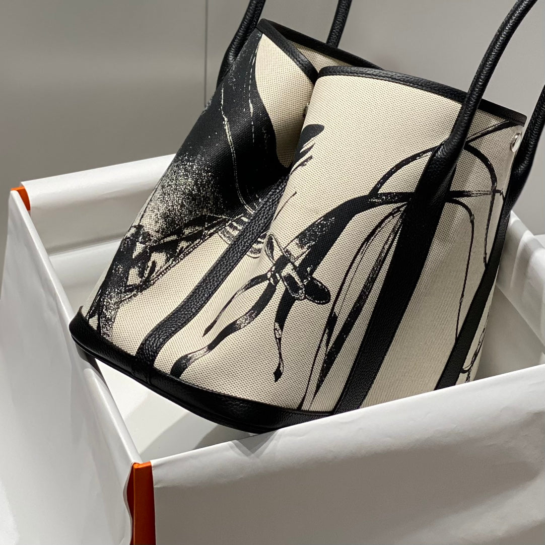 Hermes Garden Party 36 in Beige and Black Toile H Canvas Black Calfskin Horse Tack Sketch Print Bag