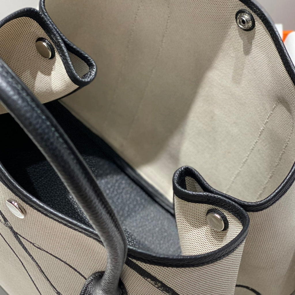 Hermes Garden Party 36 in Beige and Black Toile H Canvas Black Calfskin Horse Tack Sketch Print Bag