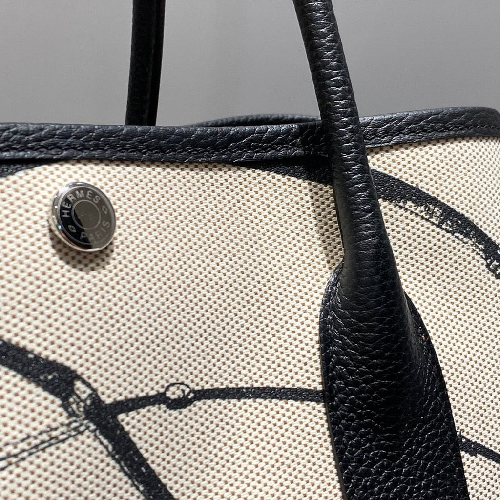 Hermes Garden Party 36 in Beige and Black Toile H Canvas Black Calfskin Horse Tack Sketch Print Bag