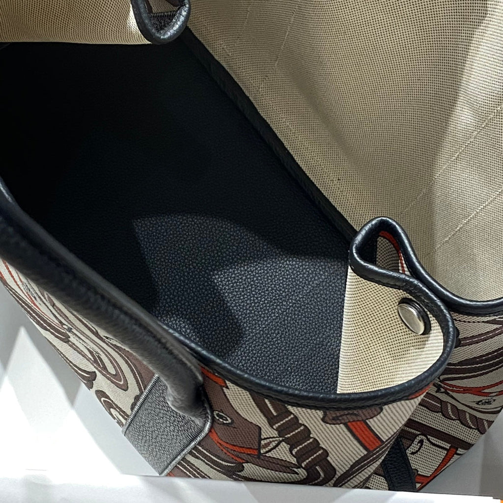 Hermes Garden Party 36 in Beige Orange and Brown Toile H Canvas Black Calfskin Horse Totem Print Bag