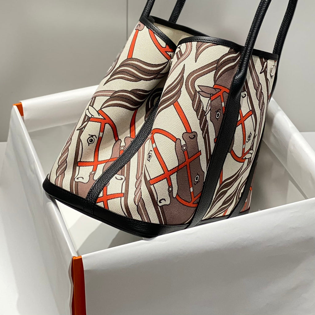 Hermes Garden Party 36 in Beige Orange and Brown Toile H Canvas Black Calfskin Horse Totem Print Bag
