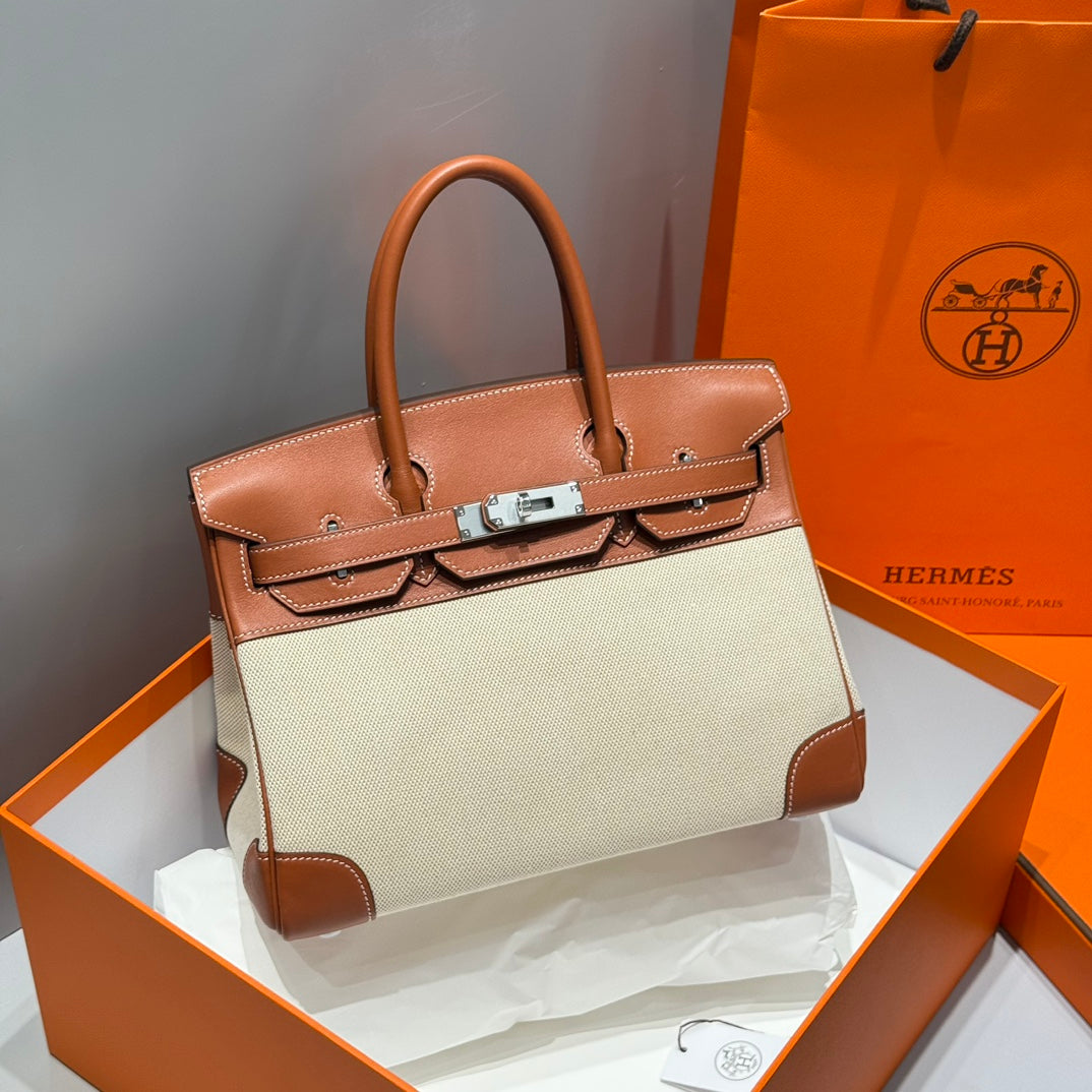 Hermes Birkin 30cm in Veau Barenia Swift Calfskin Ercu Toile Canvas Bag