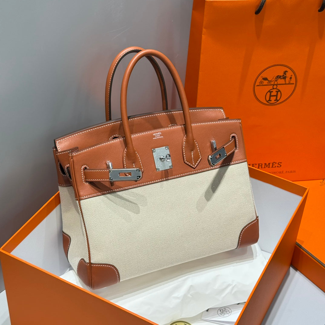 Hermes Birkin 30cm in Veau Barenia Swift Calfskin Ercu Toile Canvas Bag