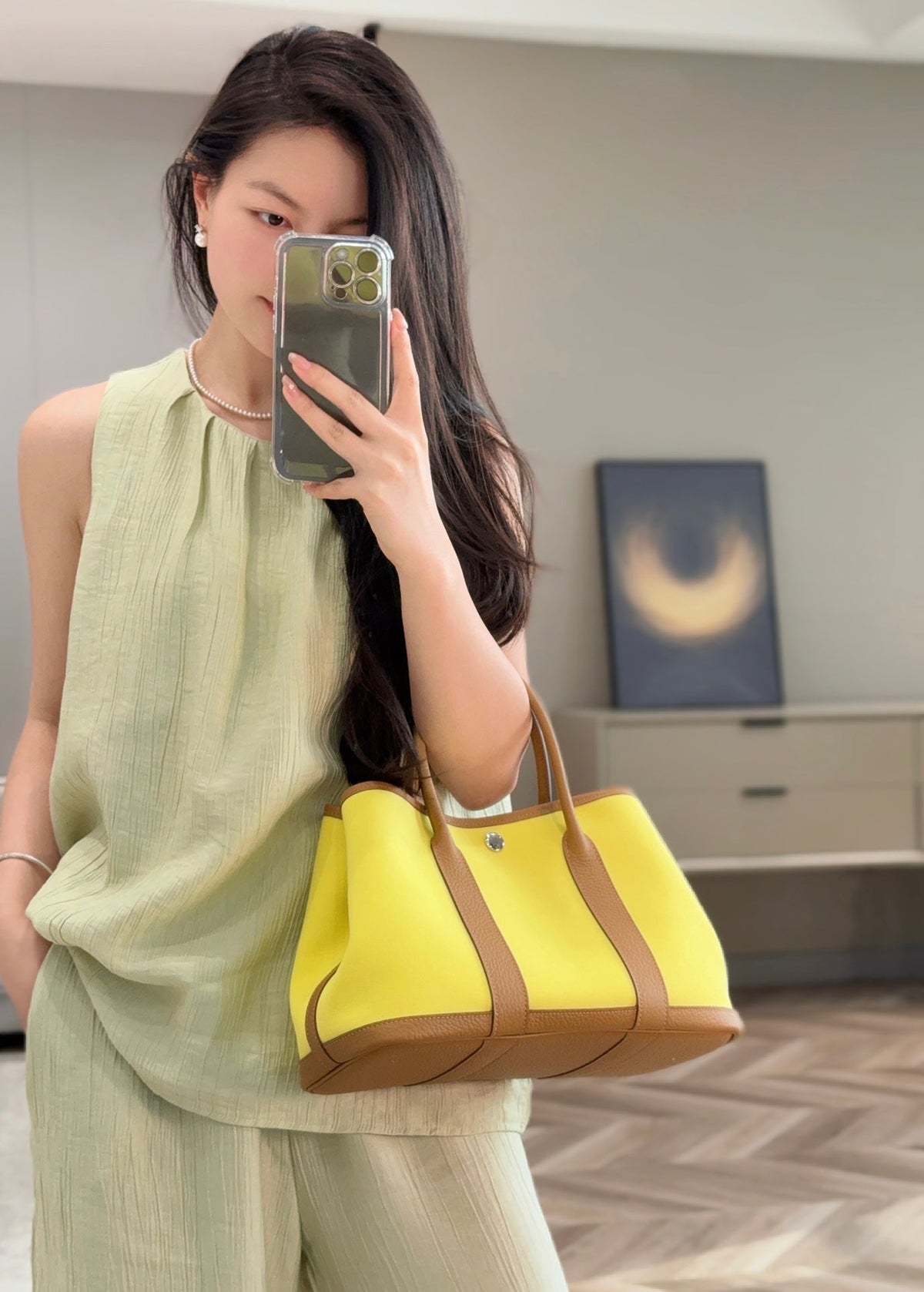 Hermes Garden Party 30cm in Yellow Toilets Cotton Canvas and Beige Marfa Calfskin Bag