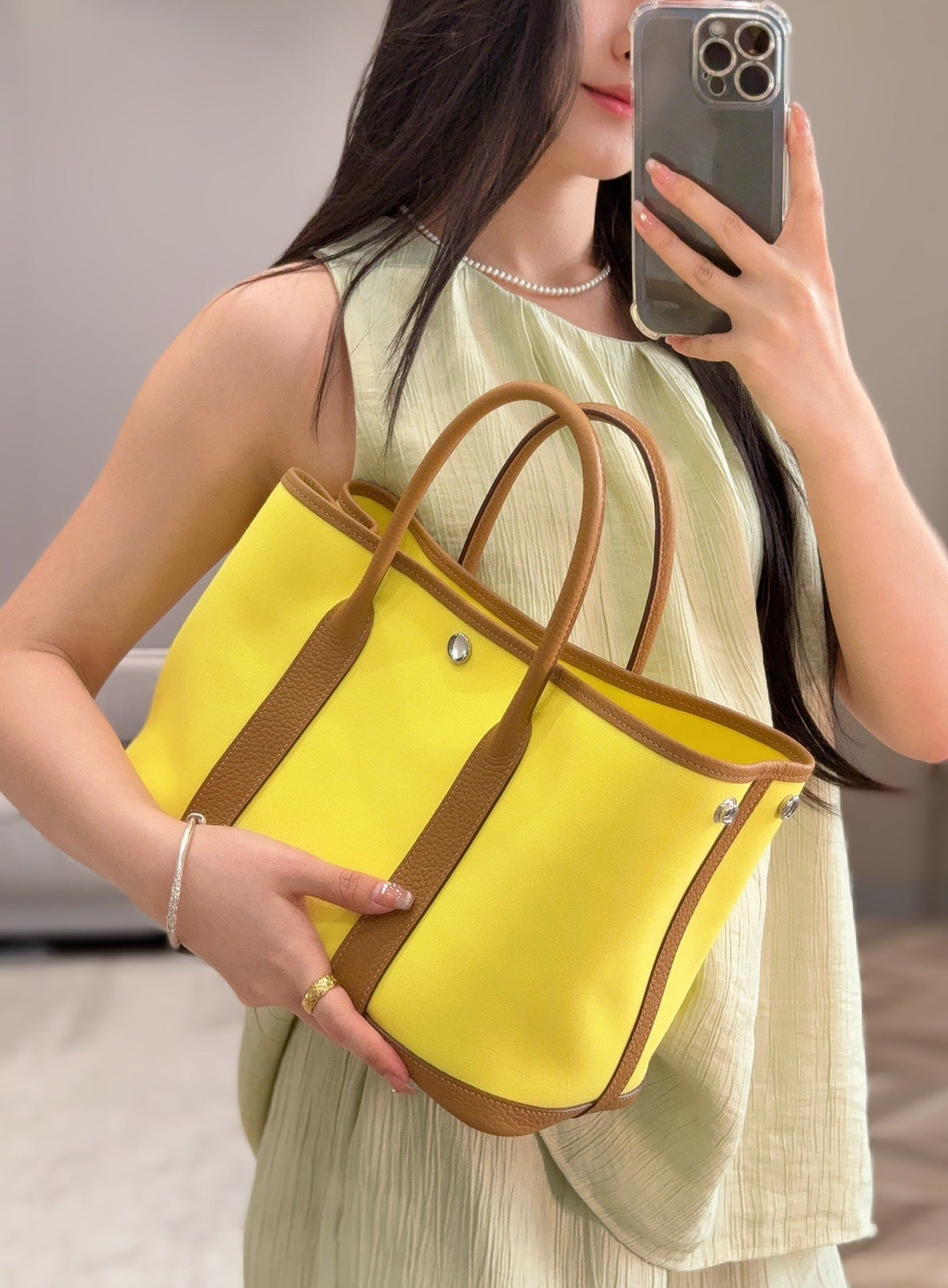 Hermes Garden Party 30cm in Yellow Toilets Cotton Canvas and Beige Marfa Calfskin Bag