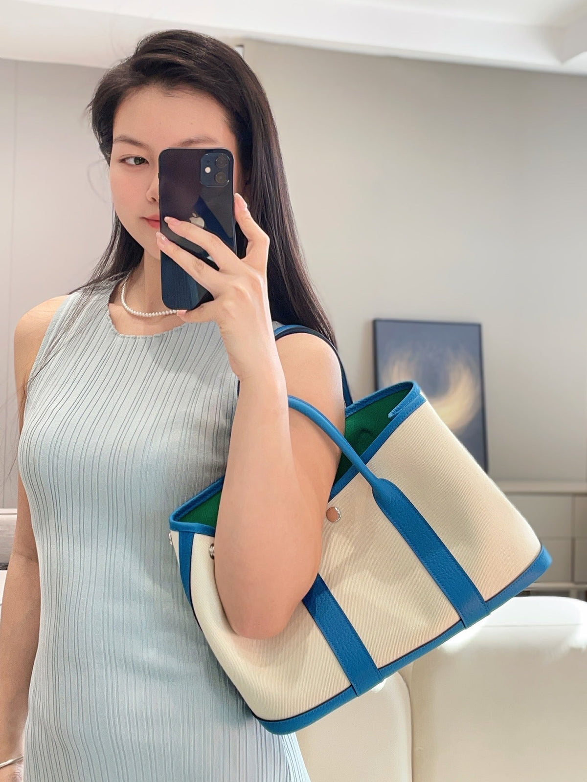 Hermes Garden Party 30cm in White Toilets Cotton Canvas and Blue Calfskin Green On Side Other Bag