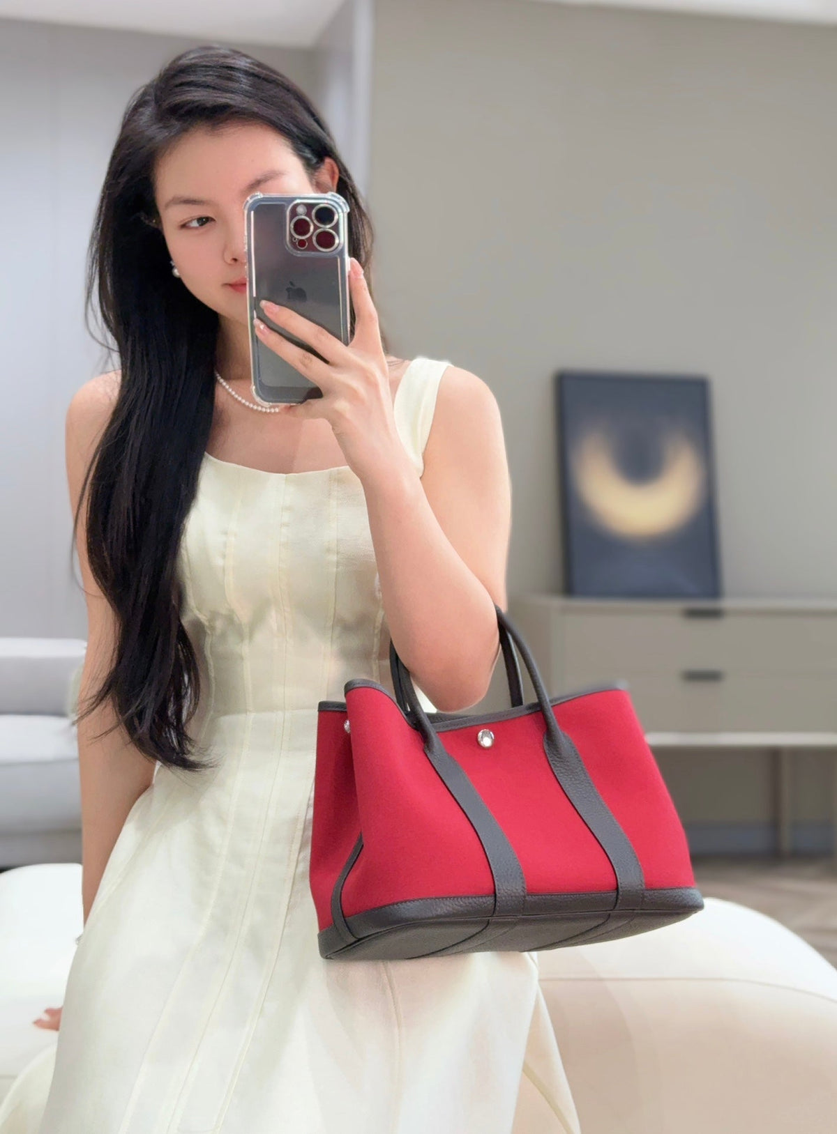 Hermes Garden Party 30cm in Red Toilets Cotton Canvas and Dark Brown Calfskin Pink On Side Other Bag