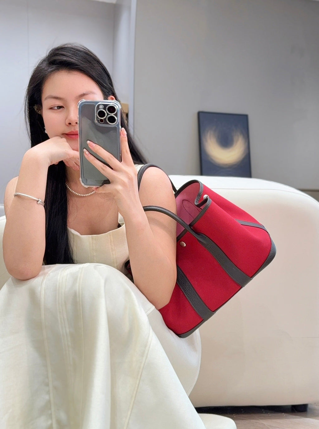 Hermes Garden Party 30cm in Red Toilets Cotton Canvas and Dark Brown Calfskin Pink On Side Other Bag