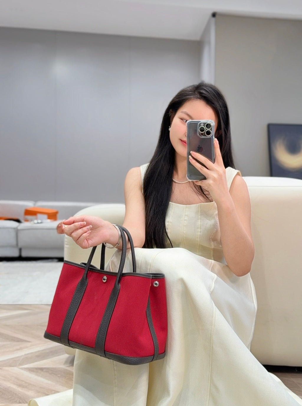 Hermes Garden Party 30cm in Red Toilets Cotton Canvas and Dark Brown Calfskin Pink On Side Other Bag