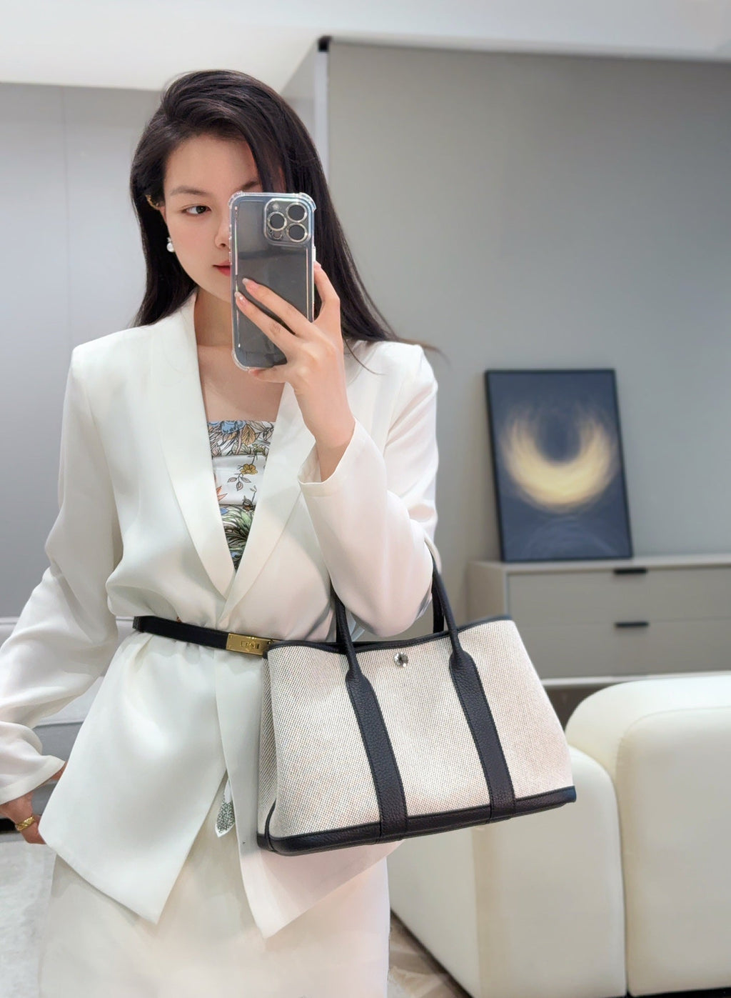 Hermes Garden Party 30cm in White Toilets Cotton Canvas and Black Calfskin Blue Canvas On Side Other Bag