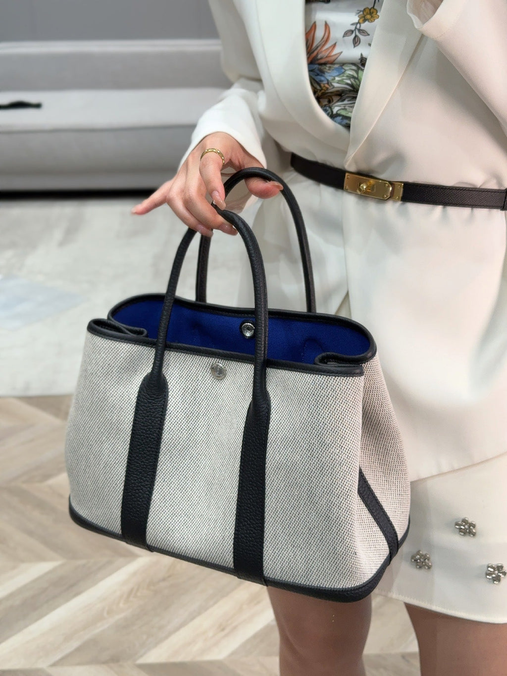 Hermes Garden Party 30cm in White Toilets Cotton Canvas and Black Calfskin Blue Canvas On Side Other Bag