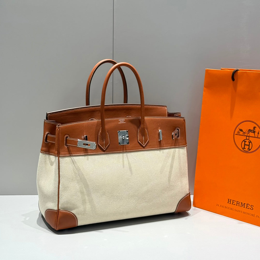 Hermes Birkin 35cm in Veau Barenia Swift Calfskin Ercu Toile Canvas Bag