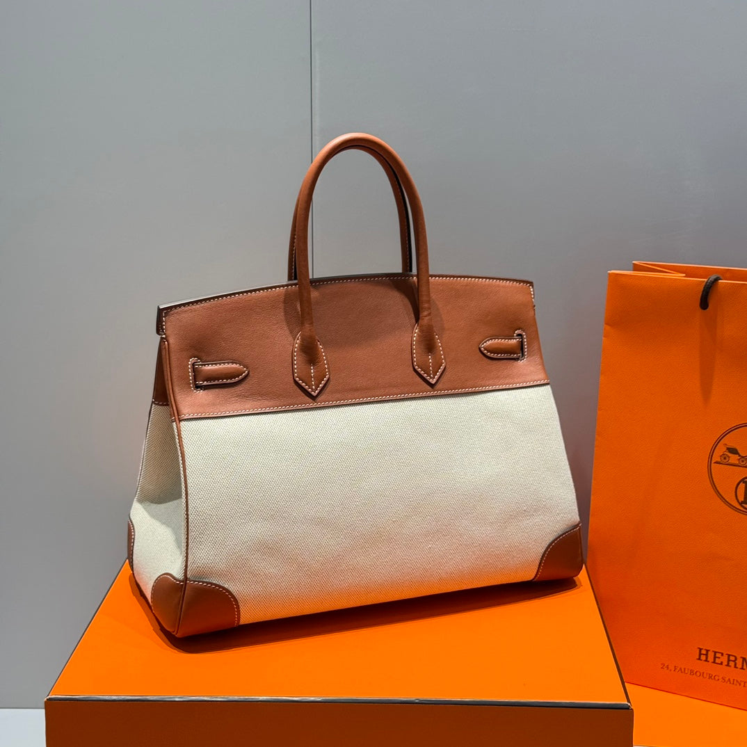 Hermes Birkin 35cm in Veau Barenia Swift Calfskin Ercu Toile Canvas Bag