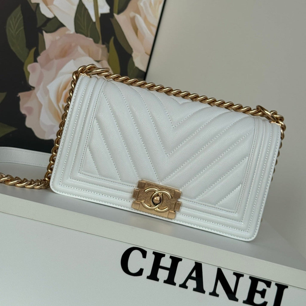 Chanel Boy 25S 25 cm in White Lambskin with Gold Hardware Bag
