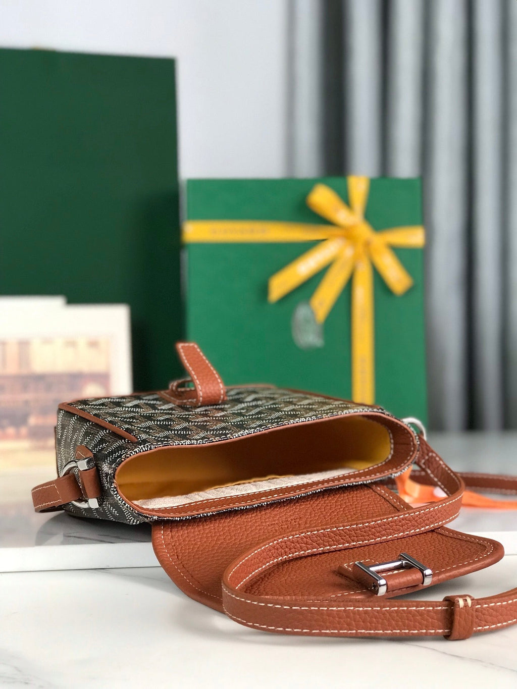 Goyard Grand Bleu 16 in Black Goyardine Canvas and Tan Lambskin Bag