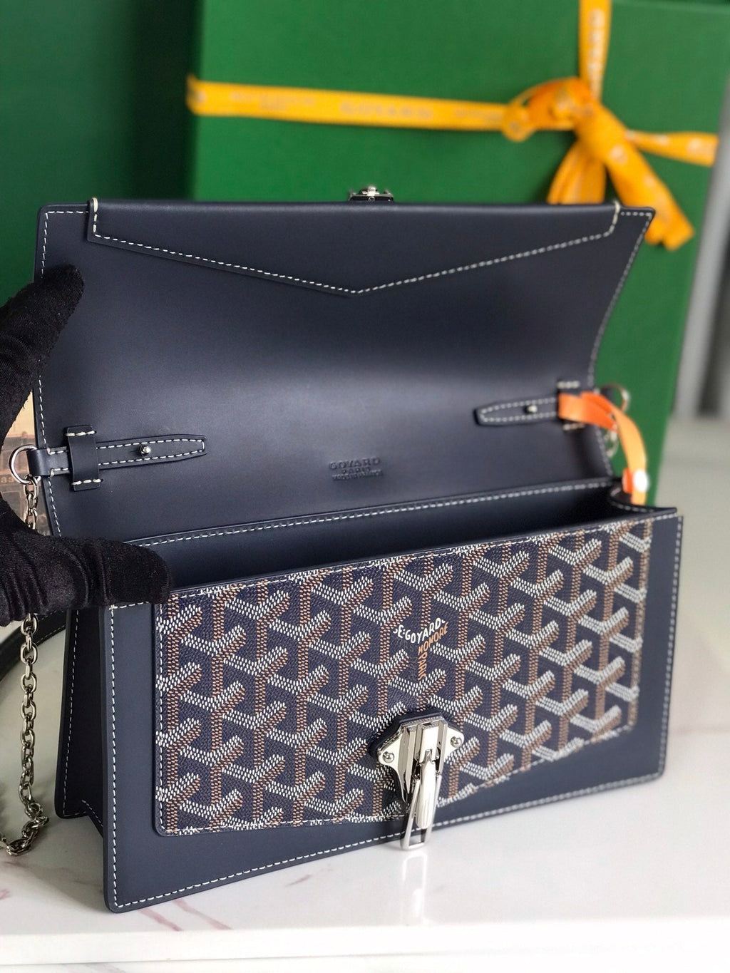 Goyard Duchesse Marie-Caroline Bag 25 in Navy Blue Goyardine Canvas and Smooth Calfskin