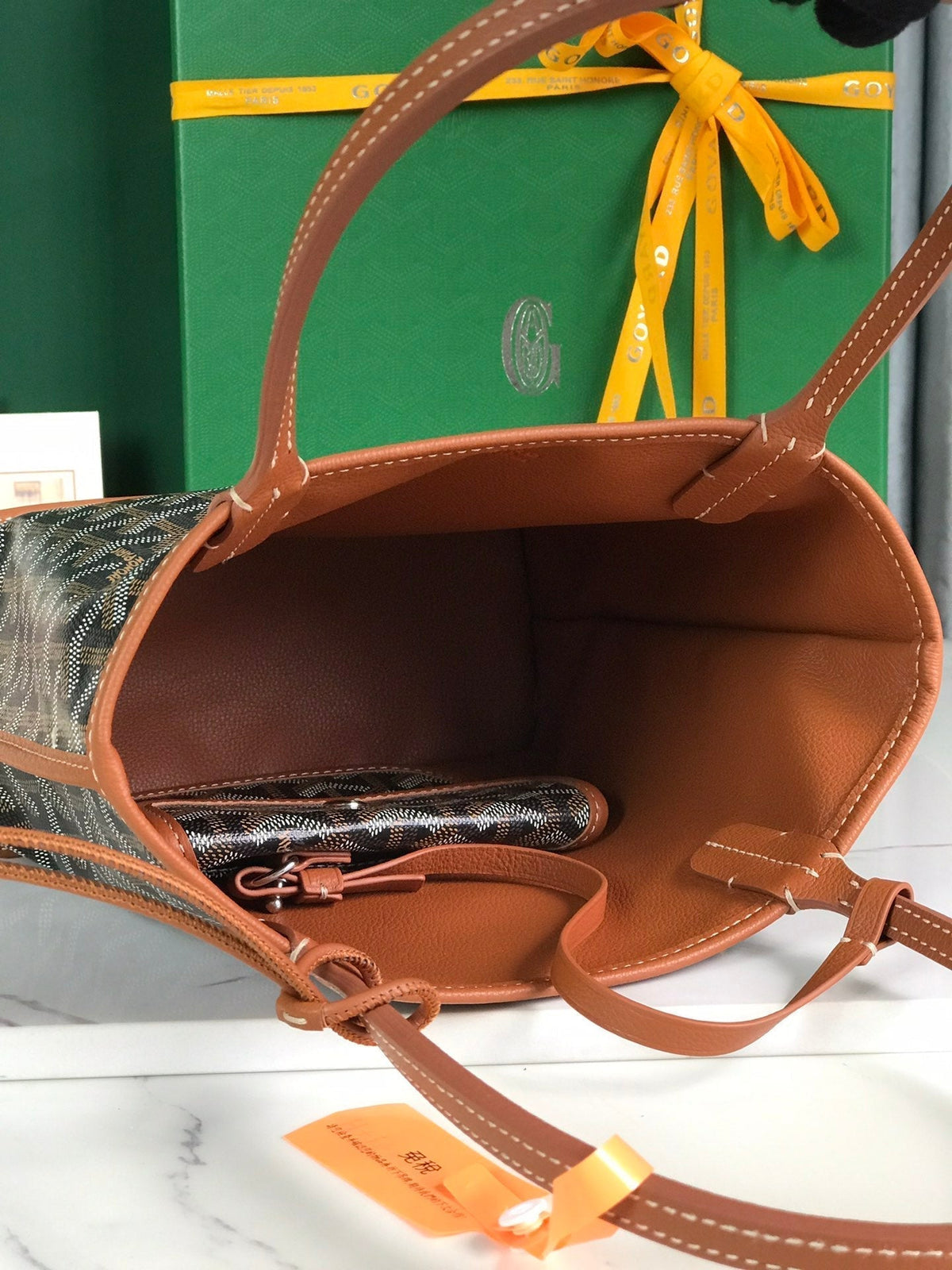 Goyard Anjou Mini Bag 20 in Tan Calfskin and Black Goyardine Canvas