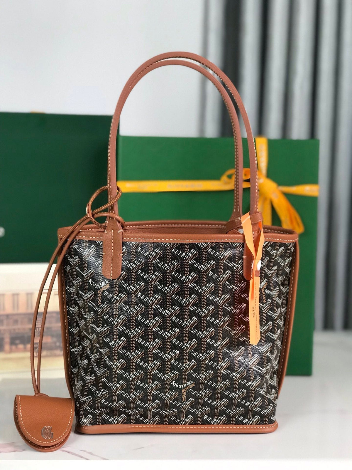 Goyard Anjou Mini Bag 20 in Tan Calfskin and Black Goyardine Canvas