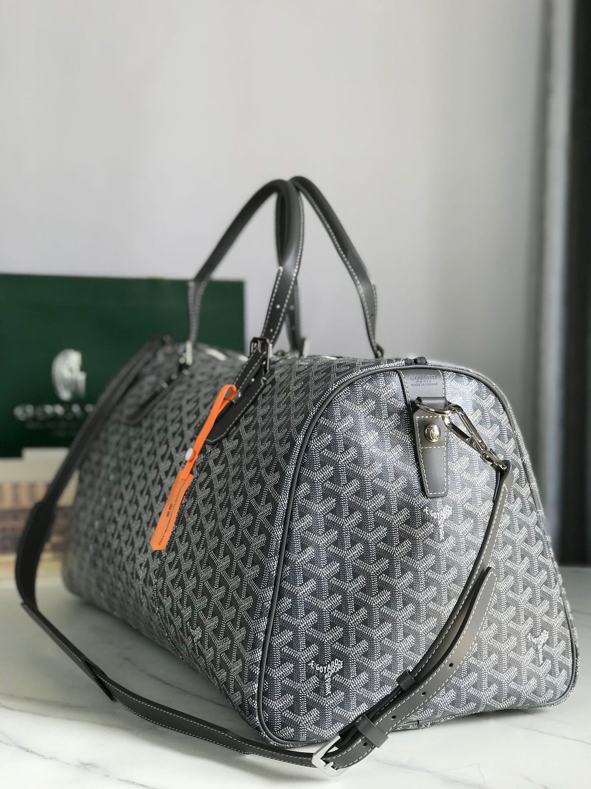 Goyard Boston 50 Bag in Gray Goyardine Canvas and Calfskin Trim