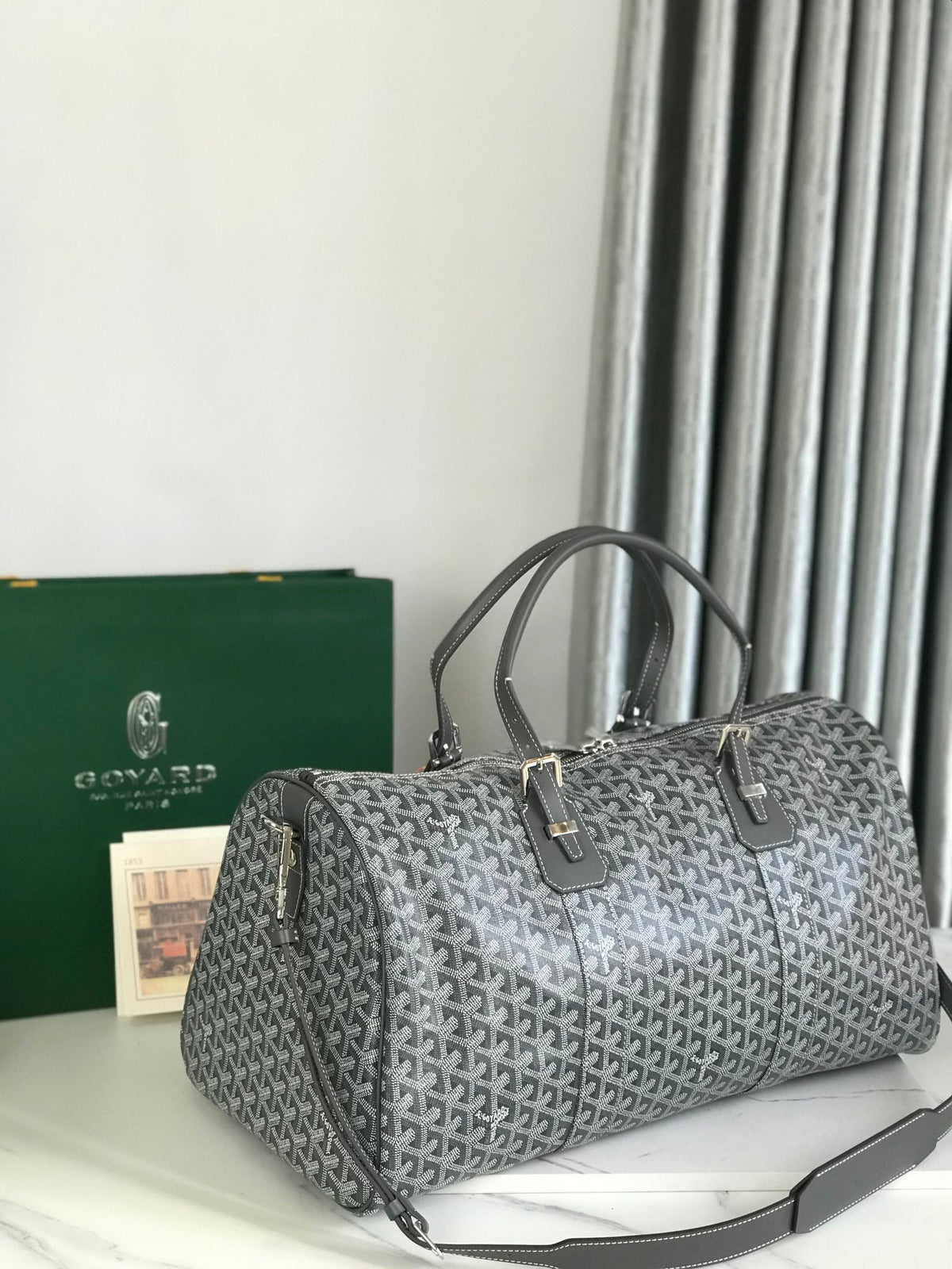 Goyard Boston 50 Bag in Gray Goyardine Canvas and Calfskin Trim