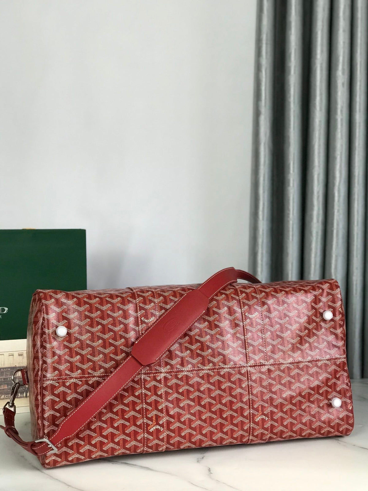 Goyard Boston 50 Bag in Red Goyardine Canvas and Calfskin Trim