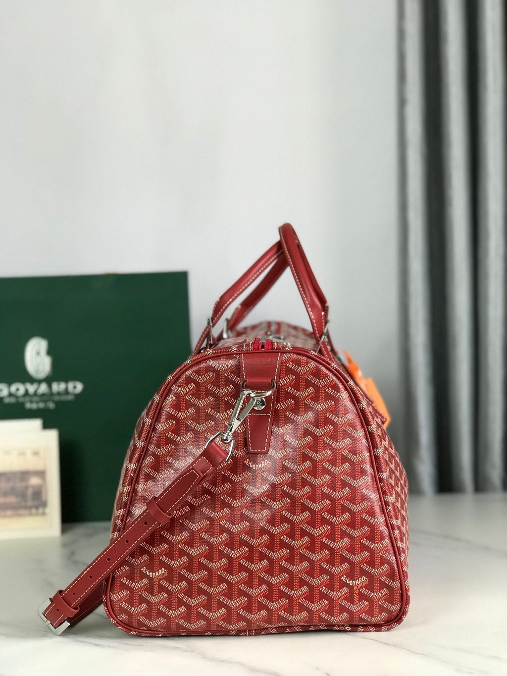 Goyard Boston 50 Bag in Red Goyardine Canvas and Calfskin Trim