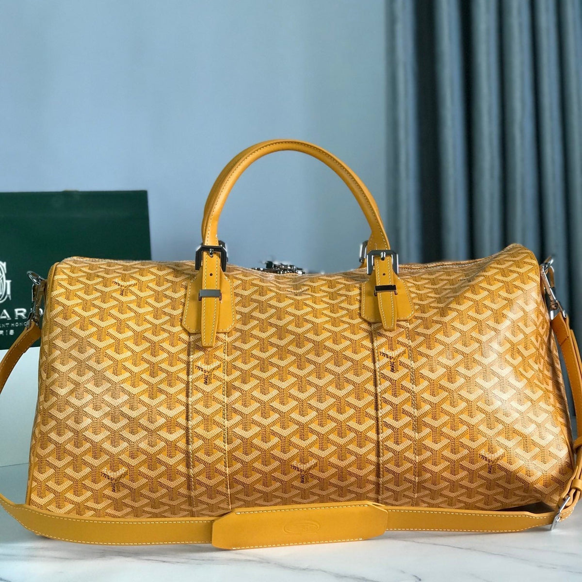 Goyard Boston 50 Bag in Yellow Goyardine Canvas and Calfskin Trim